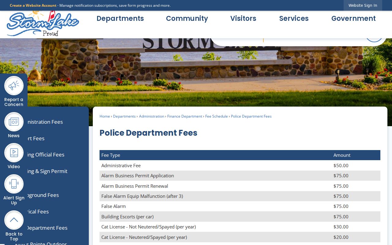 Storm Lake criminal records Police Department fee information