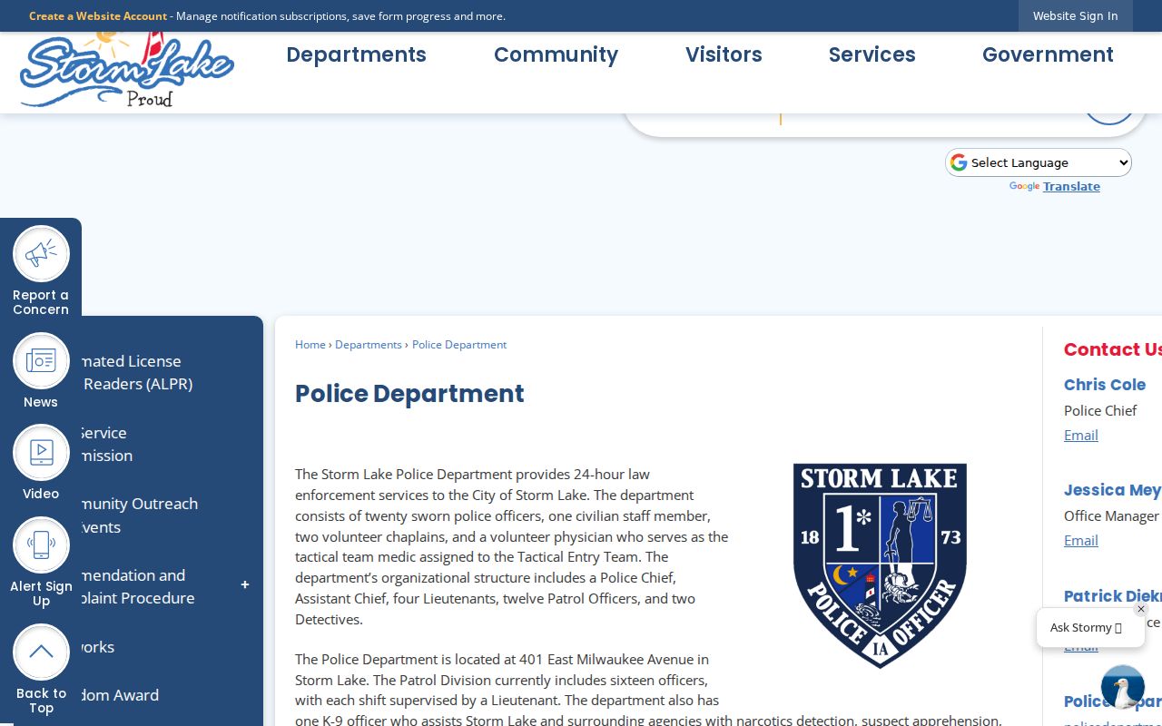 Storm Lake criminal records Police Department contact page